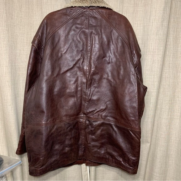 Aquascutum London Vintage Brown Leather Coat Sz 44 XL Oversize Aviator Collar - Picture 15 of 16